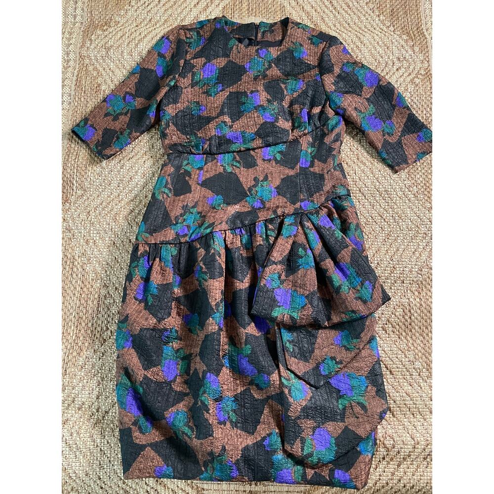 Vintage Bronze Textured Floral Pattern Large Bow Detail Cocktail Dress